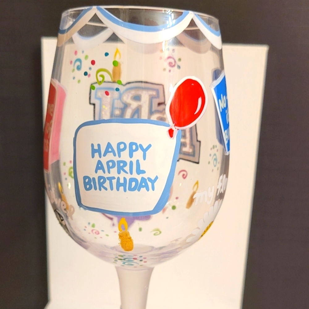 LOLITA HANDPAINTED "HAPPY APRIL" BIRTHDAY WINE GLASS - Picture 4 of 7